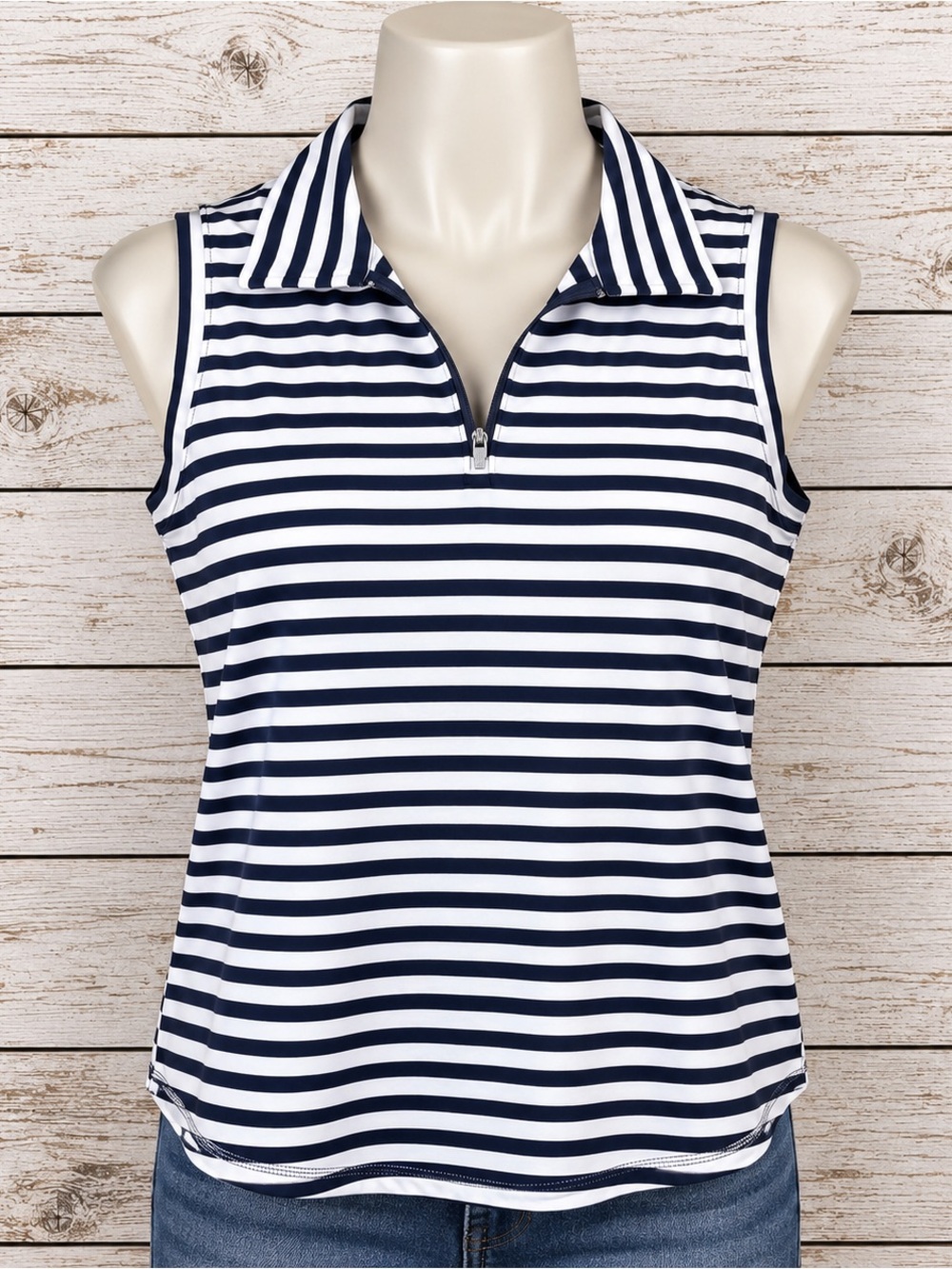 T by Talbots Sleeveless Zip Front Collared Top Navy White Stripe Women’s Small